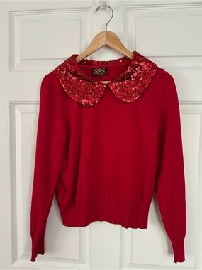 Sequin Peter Pan Collar Crewneck Sweater in Red by SSYS